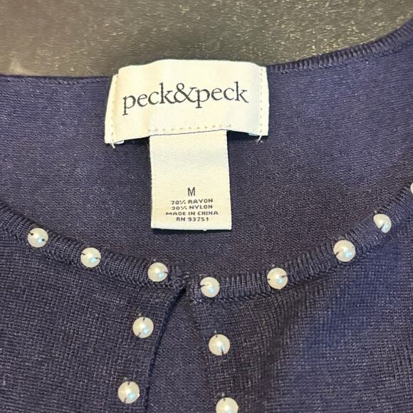 Peck & Peck Navy Pearl Embellished Keyhole Long Sleeve Top Women’s M Rayon - Picture 6 of 6